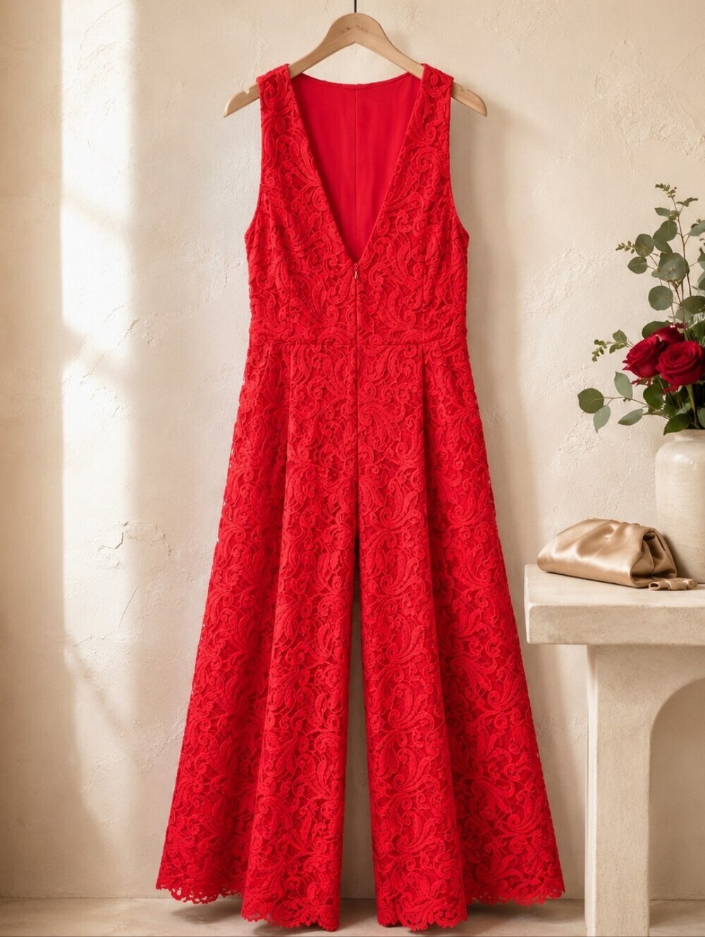 Rachel Comey Anthro Designee Red Sleeveless V-Neck Lace Jumpsuit Wideleg